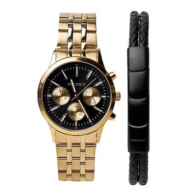 Kit Relógio Analógico Com Pulseira Masculino Chilli Beans Multifunção Metal Dourado