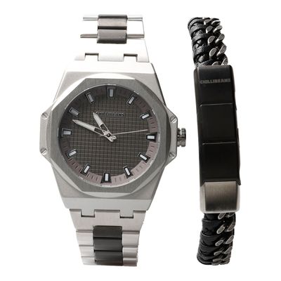 Kit Relógio Analógico Com Pulseira Masculino Chilli Beans Metal Prata Ônix
